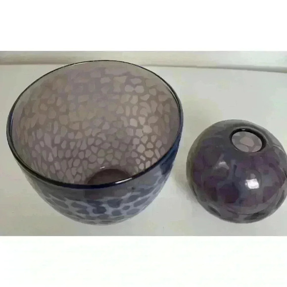 Two Hand Blown Art Glass Vases Purple Tortoise shell spots Clear pontil mark - Picture 5 of 13